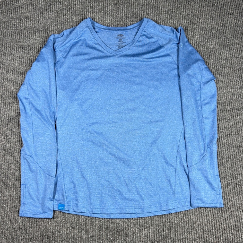AFTCO Womens Blue Long Sleeve V-Neck Fishing Sun Shirt‎ Large AFTECH UPF